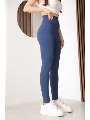Arda Kadın Mavi Yüksek Bel Yoga ve Pilates Taytı - Esnek Polyester Spandex Toparlayıcı Spor Tayt