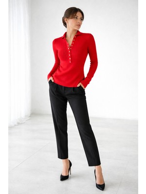 Sibel Günay Butik Gold Düğme Detaylı Polo Yaka Kadın Triko Bluz