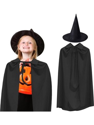 Esranın Dünyası 90 cm Siyah Yakalı Pelerin ve Siyah Cadı Şapkası Kostüm Seti