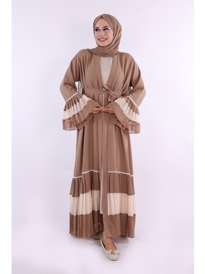 Bym Fashion Kol ve Etek Ucu İki Renkli Bel Kuşaklı Piliseli Abaya 7454 Vizon