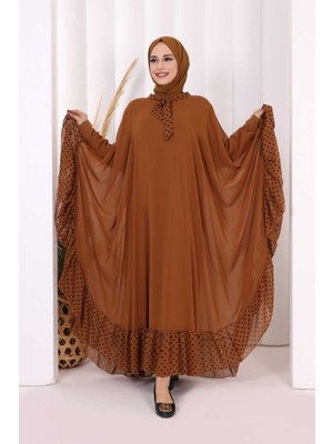 Bym Fashion Benekli Yaka Detay Şifon Pelerinli Elbise Takım 3643 Taba