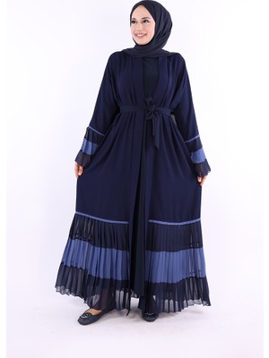 Bym Fashion Kol ve Etek Ucu İki Renkli Bel Kuşaklı Piliseli Abaya 7454 Lacivert