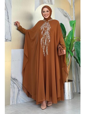 Bym Fashion Pul Payet İşlemeli Şifon Pelerinli Elbiseli Abiye Takım 3774 Taba