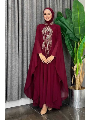 Bym Fashion Pul Payet İşlemeli Şifon Pelerinli Elbiseli Abiye Takım 3774 Bordo