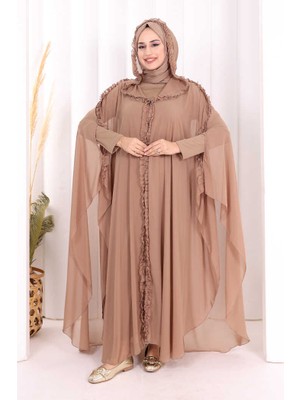 Bym Fashion Kapişonlu Belirli Kısımları Fırfır Detaylı Abayalı Elbise Takım 3778 Vizon