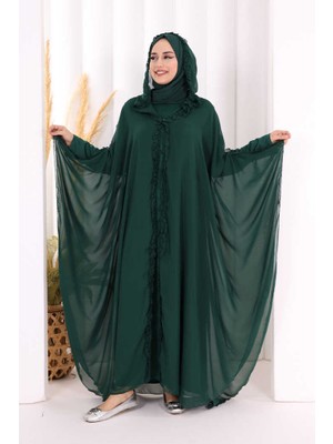 Bym Fashion Kapişonlu Belirli Kısımları Fırfır Detaylı Abayalı Elbise Takım 3778 Zümrüt