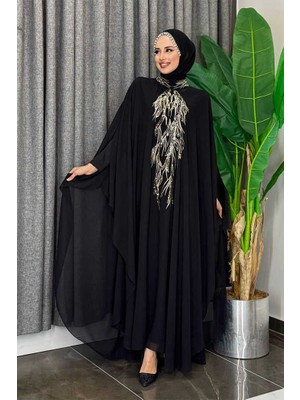 Bym Fashion Pul Payet İşlemeli Şifon Pelerinli Elbiseli Abiye Takım 3774 Siyah
