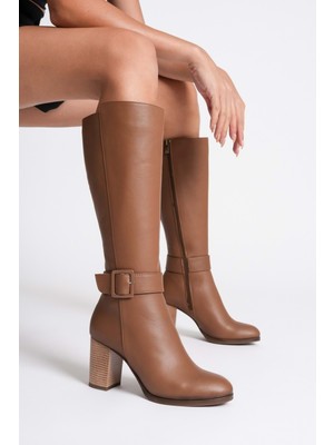 Analin Shoes Kadın Hakiki Deri Toka Detaylı Topuklu Çizme - Ceviz
