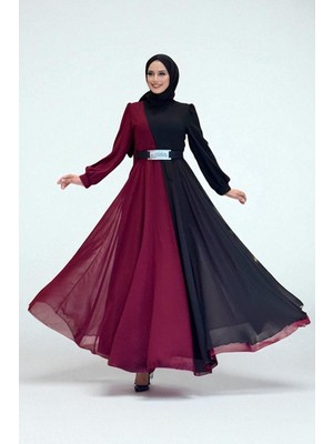 Bym Fashion İki Renkli Şifon Bel Kemer Aksesuarlı Abiye Elbise 3806 Bordo
