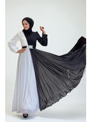 Bym Fashion İki Renkli Şifon Bel Kemer Aksesuarlı Abiye Elbise 3806 Siyah