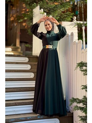 Bym Fashion İki Renkli Şifon Bel Kemer Aksesuarlı Abiye Elbise 3806 Zümrüt