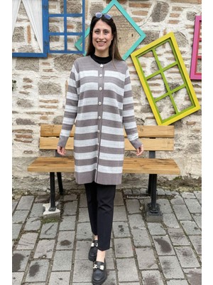 Çizgili Uzun Triko Hırka - Gri