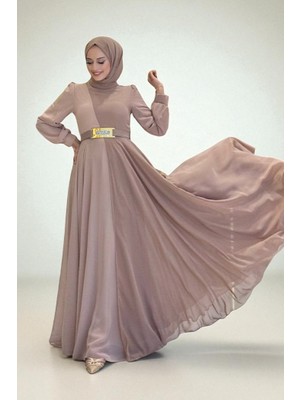 Bym Fashion İki Renkli Şifon Bel Kemer Aksesuarlı Abiye Elbise 3806 Vizon