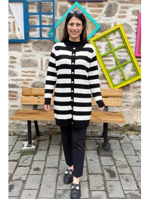 Çizgili Uzun Triko Hırka - Siyah