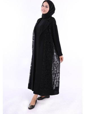 Bym Fashion Yakalı Dantel Güpür Detay Abaya 7830 Siyah