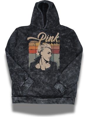 Fuddy Moda Unisex Pink Yazılı Kapüşonlu Yıkamalı Sweatshirt, Oversize American Popstar Baskılı Eskitme Hoodie