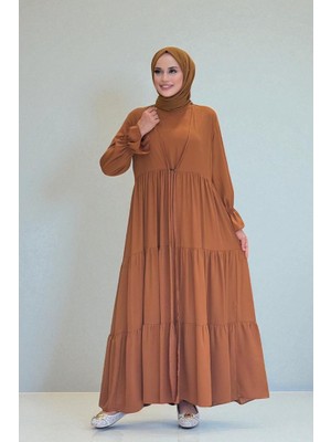 Bym Fashion Kol Lastikli Kat Görünümlü Abayalı Elbise Takım 3859 Taba