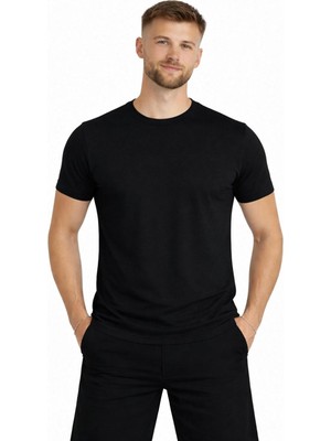 Erkek Siyah Kısa Kollu T-SHIRT-D405