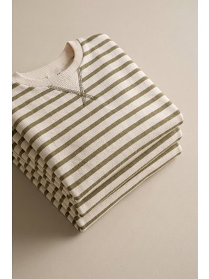 Cigit Çizgili Karyoka Detaylı Mevsimlik Sweatshirt  2-12 Yaş Olive