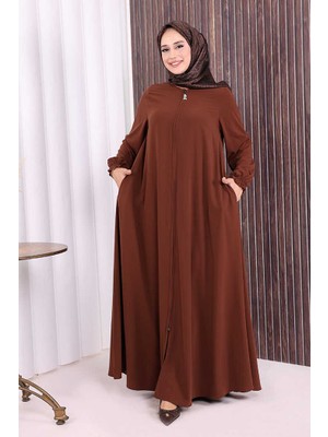 Bym Fashion Fermuarlı Kol Manşetleri Büzgülü Mevlana Ferace 6007 Kahverengi