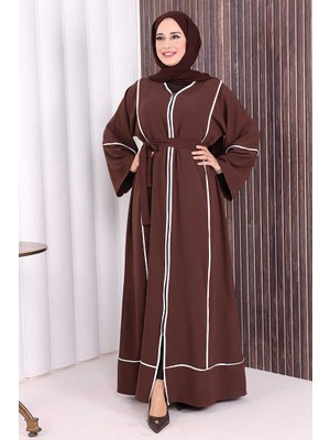 Bym Fashion Çizgi Desenli Önü Boydan Fermuarlı Bel Kuşaklı Ferace 7885 Kahverengi