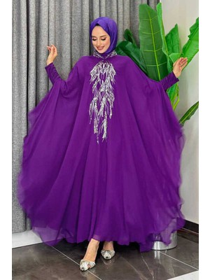 Bym Fashion Pul Payet İşlemeli Şifon Pelerinli Elbiseli Abiye Takım 3774 Mor