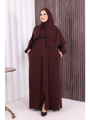Bym Fashion Dantel Detay Şallı Namaz Feracesi 6010 Kahverengi