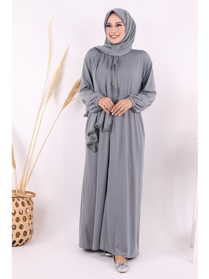 Bym Fashion Dantel Detay Şallı Namaz Feracesi 6010 Gri
