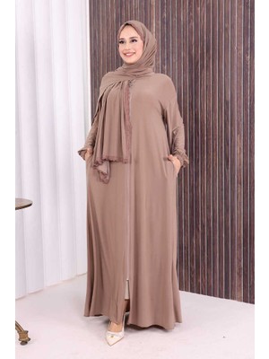 Bym Fashion Dantel Detay Şallı Namaz Feracesi 6010 Vizon