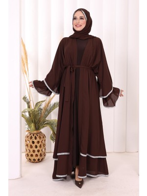 Bym Fashion Taş İşlemeli Kat Detay  Abaya ŞAL HEDİYE  7883 Kahverengi
