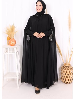 Bym Fashion Püsküllü Yakası Taş Detaylı Abayalı Elbise Takım 8494 Siyah