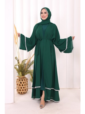 Bym Fashion Taş İşlemeli Kat Detay  Abaya ŞAL HEDİYE  7883 Zümrüt