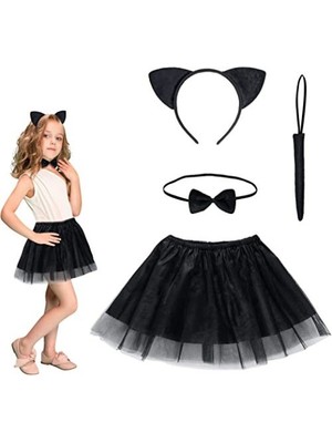 İlkyaz Fashion Kedi Eteği Tacı Kuyruğu ve Papyon Seti Siyah Renk Çocuk Boy
