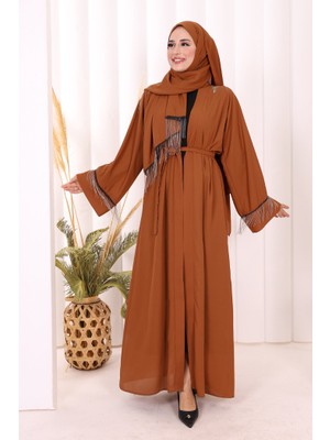 Bym Fashion Zincir Püskül Detay  Abaya ŞAL HEDİYE  7887 Taba
