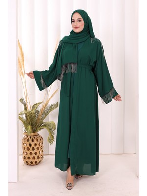 Bym Fashion Zincir Püskül Detay  Abaya ŞAL HEDİYE  7887 Zümrüt