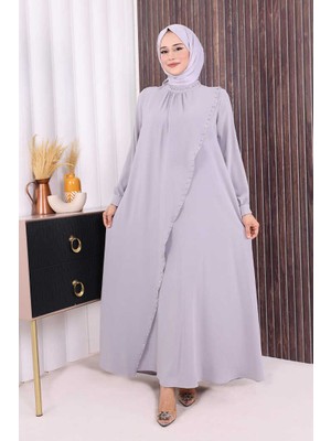 Bym Fashion Çapraz Parça Görünümlü İncili Elbise 3879 Gri