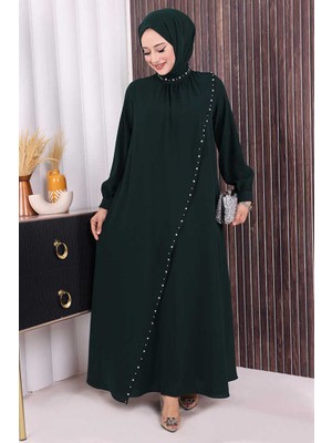 Bym Fashion Çapraz Parça Görünümlü İncili Elbise 3879 Zümrüt