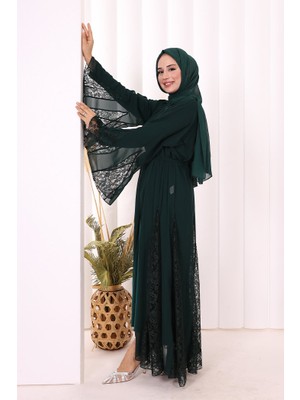 Bym Fashion Dantel İşleme Detay Kuşaklı Şifon Abaya 7886 Zümrüt