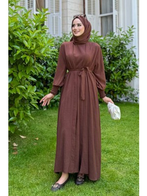 Bym Fashion Elbiseli Abaya Takım ŞAL HEDİYE  3883 Kahverengi