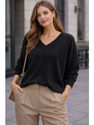 Rmg Büyük Beden Kaşmir Karışımlı Triko Kazak Siyah