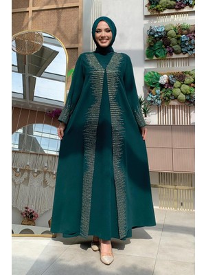 Bym Fashion Pul İşlemeli Yelekli Elbise Takım 8498 Zümrüt