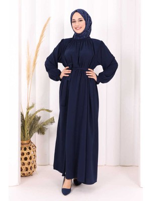 Bym Fashion Yaka ve Kol Manşetleri Büzgü Görünümlü Kuşaklı Elbise 6014 Lacivert