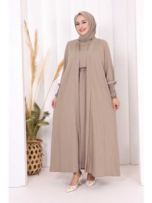 Bym Fashion Şallı Elbiseli Abaya Takım 3883 Vizon