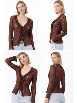 Paw Garage Kadın Sura Örme Dantel Şal Yaka Bağlamalı Bluz