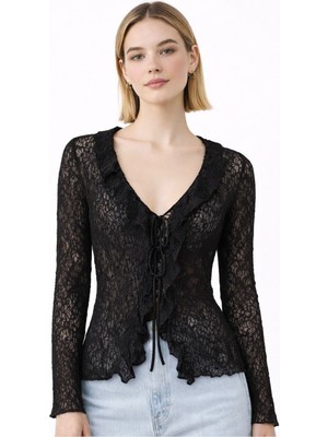 Paw Garage Kadın Sura Örme Dantel Şal Yaka Bağlamalı Bluz