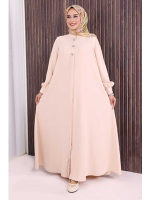 Bym Fashion Boydan Düğmeli Taş İşleme Detaylı Ferace 7903 Taş