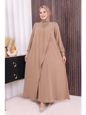 Bym Fashion Çapraz Parça Görünümlü İncili Elbise 3879 Vizon