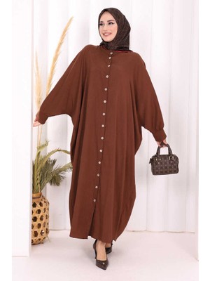 Bym Fashion Ön Kısmı Boydan Düğmeli Salaş Elbise 7910 Kahverengi