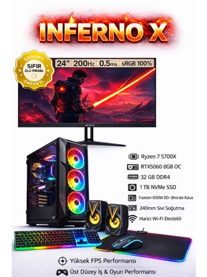Velora Inferno x Amd Ryzen 7 5700X 32 GB Ddr4 1 Tb Nvme SSD Rtx 5060 8gb 240MM Sıvı Soğutma 650W 80+Bronze