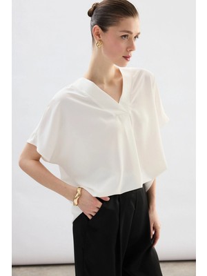 Sateen Geniş Kısa Kollu Bluz - Ekru